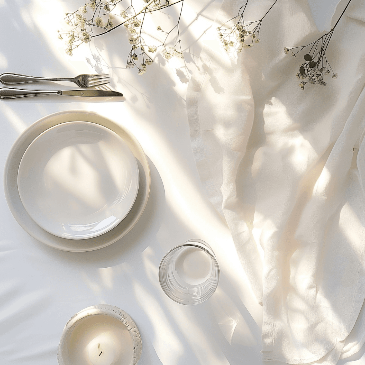 Fine dining table set with porcelain, crystal and fresh flowers