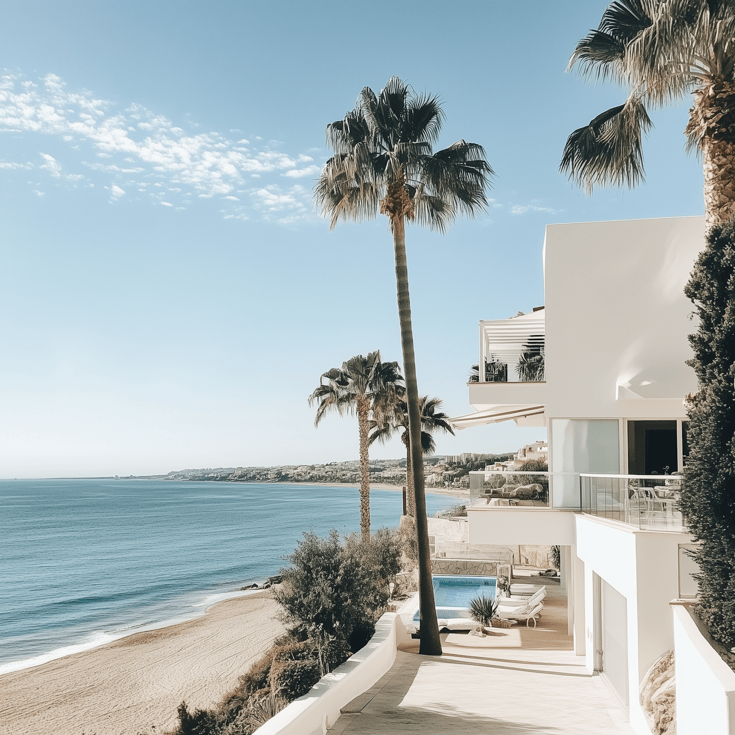 Beachfront resort with palm trees and ocean views