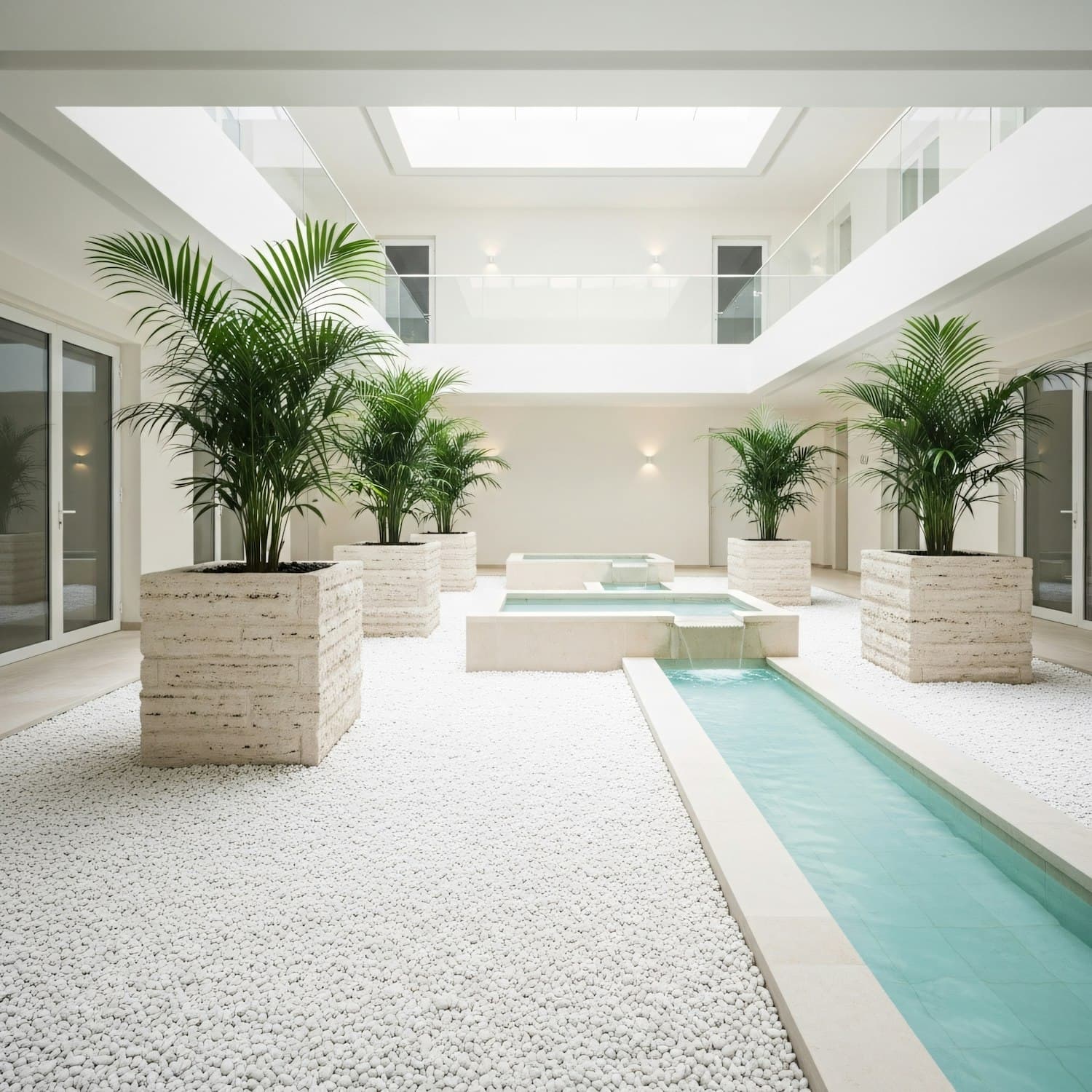Indoor conservatory courtyard with palms and a water feature