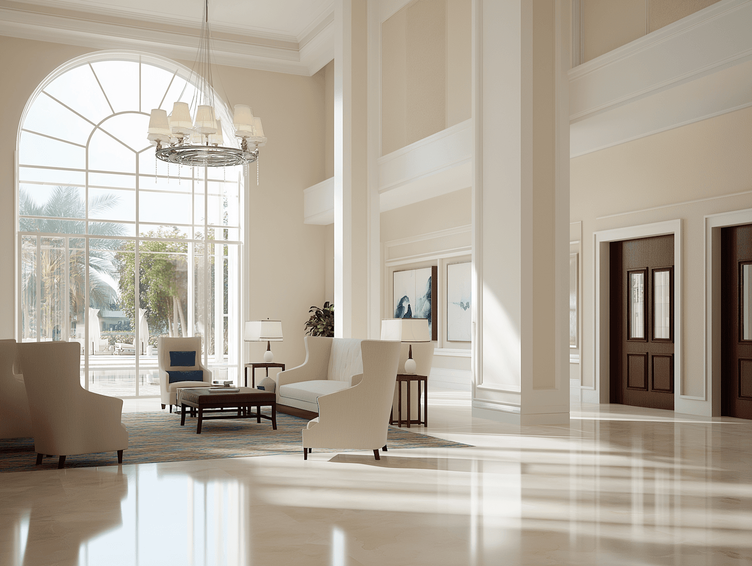 Marble resort lobby with arched windows and a modern chandelier