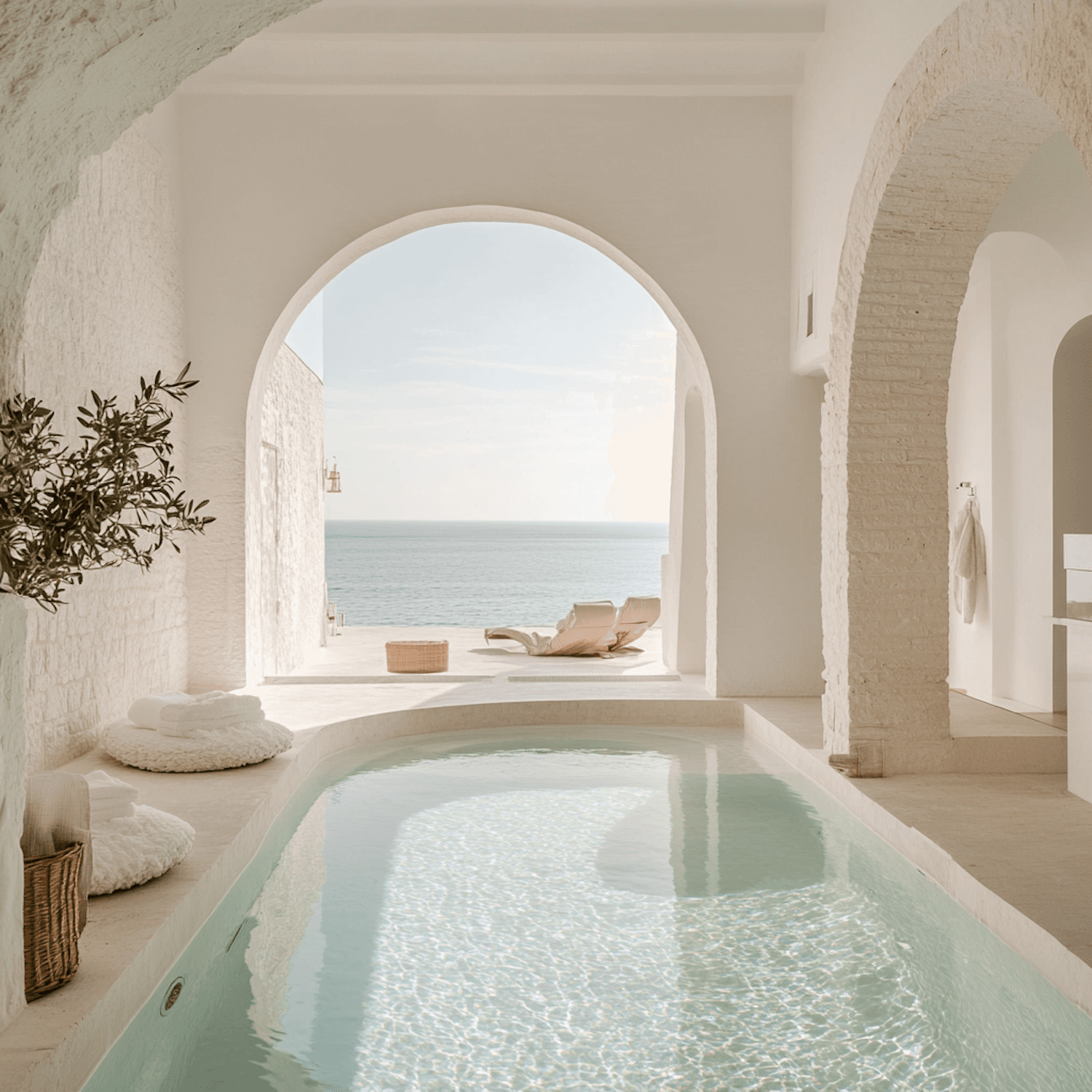 Indoor spa pool framed by pale stone arches